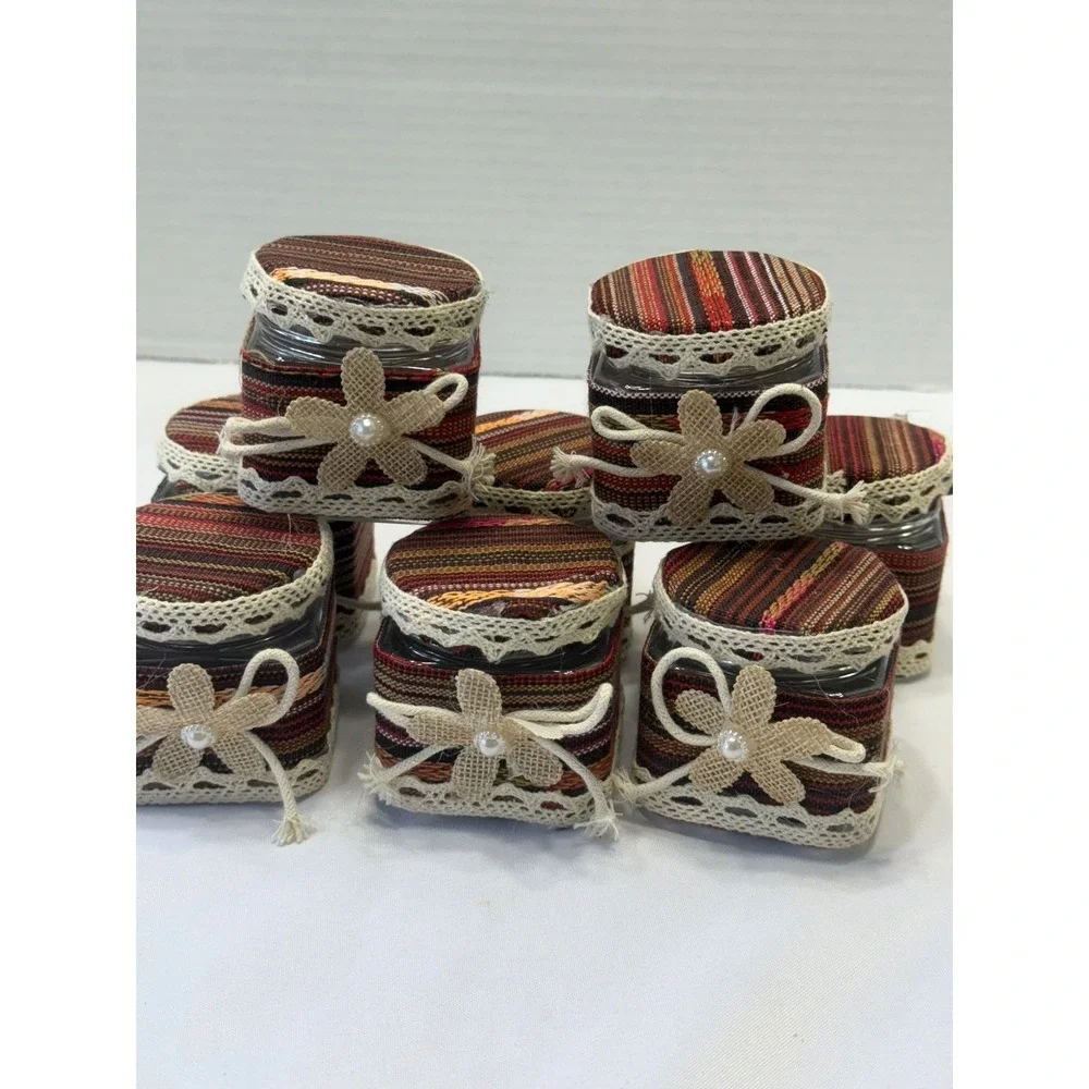 Set of 10 Decorative plastic Jars with Fabric Lids and Embellishments‎